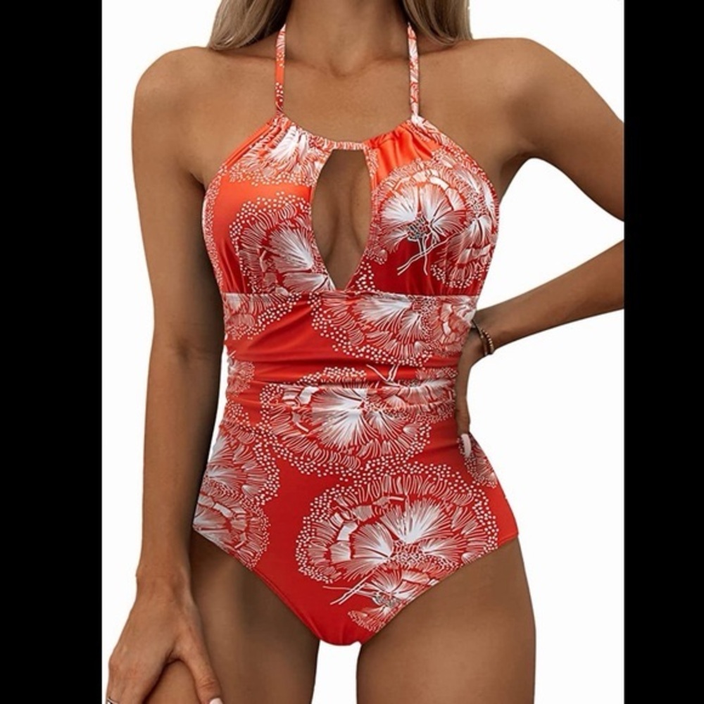 Eomenie Orange Floral Halter One Piece Swimsuit Tummy Control NWT Large
